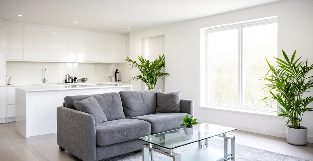 Intérieur lumineux d'un T2 avec cuisine équipée et coin séjour à Archamps