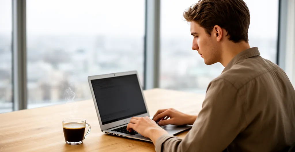 Jeune professionnel européen travaillant sur ordinateur portable dans appartement lumineux